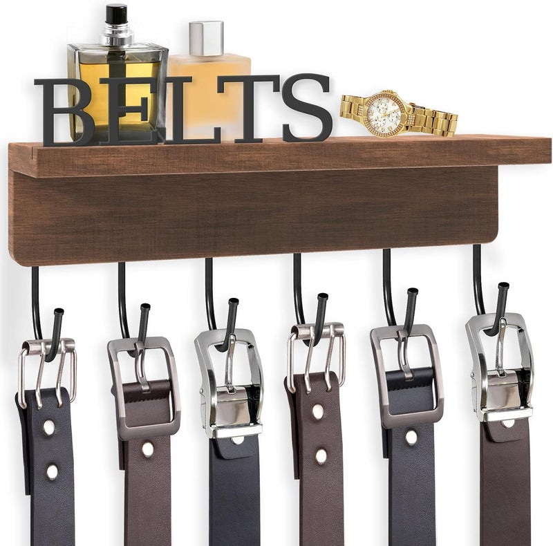 FIPUTE Belt Hanger Organizer for Closet, Wall Mount Belt Rack, Wooden Belt and Tie Organizer for Stores and Displays Mens Accessories (Length 9.8”) Brown - Image 1